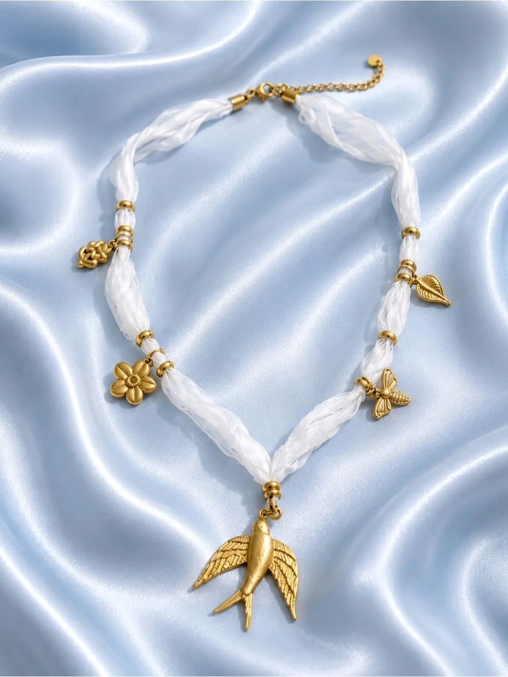 Gold Bird Charm White Lace Necklace